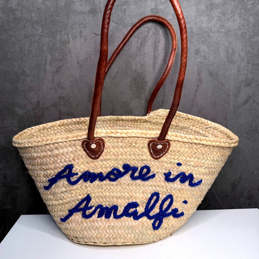 Poolside Tote Straw Bag Womens Leather Long Handle Amore in Amalfi Embroidered